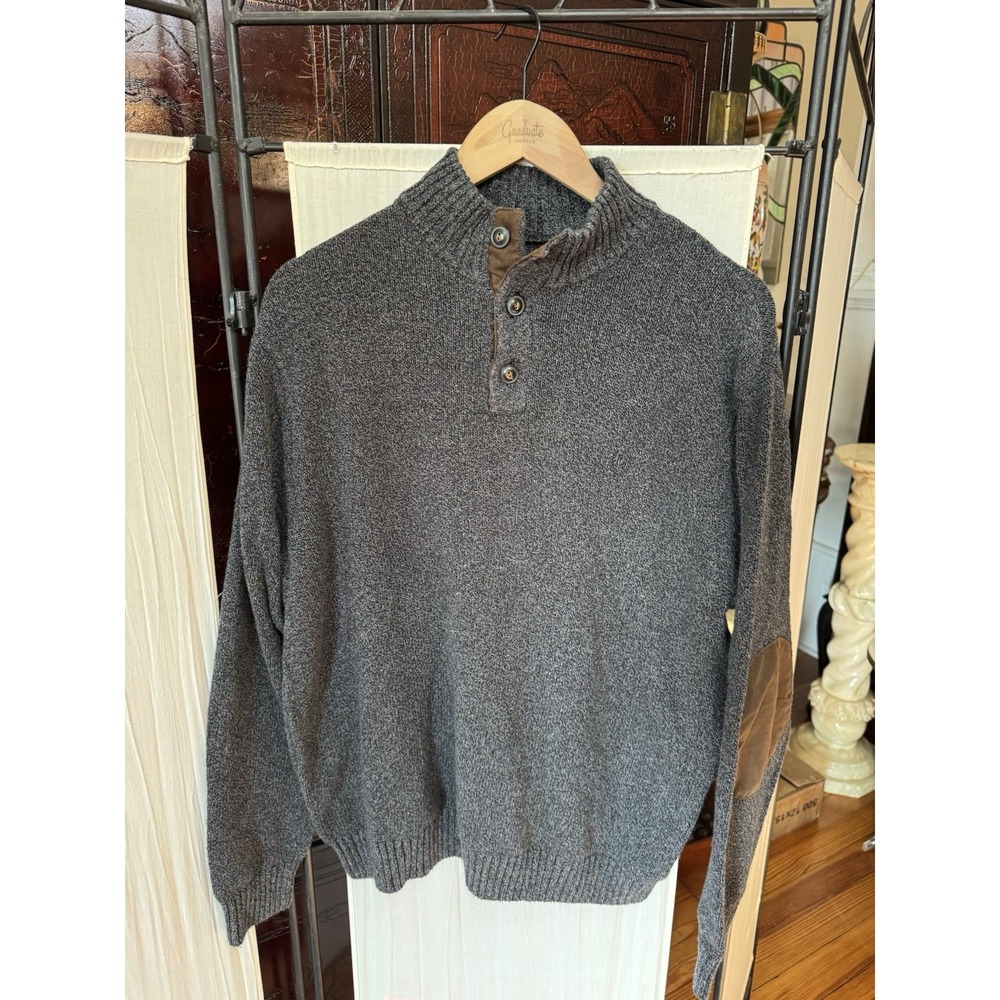 CHAPS Men's XL Gray Marled Mock Neck Sweater Button Pullover Elbow Patches